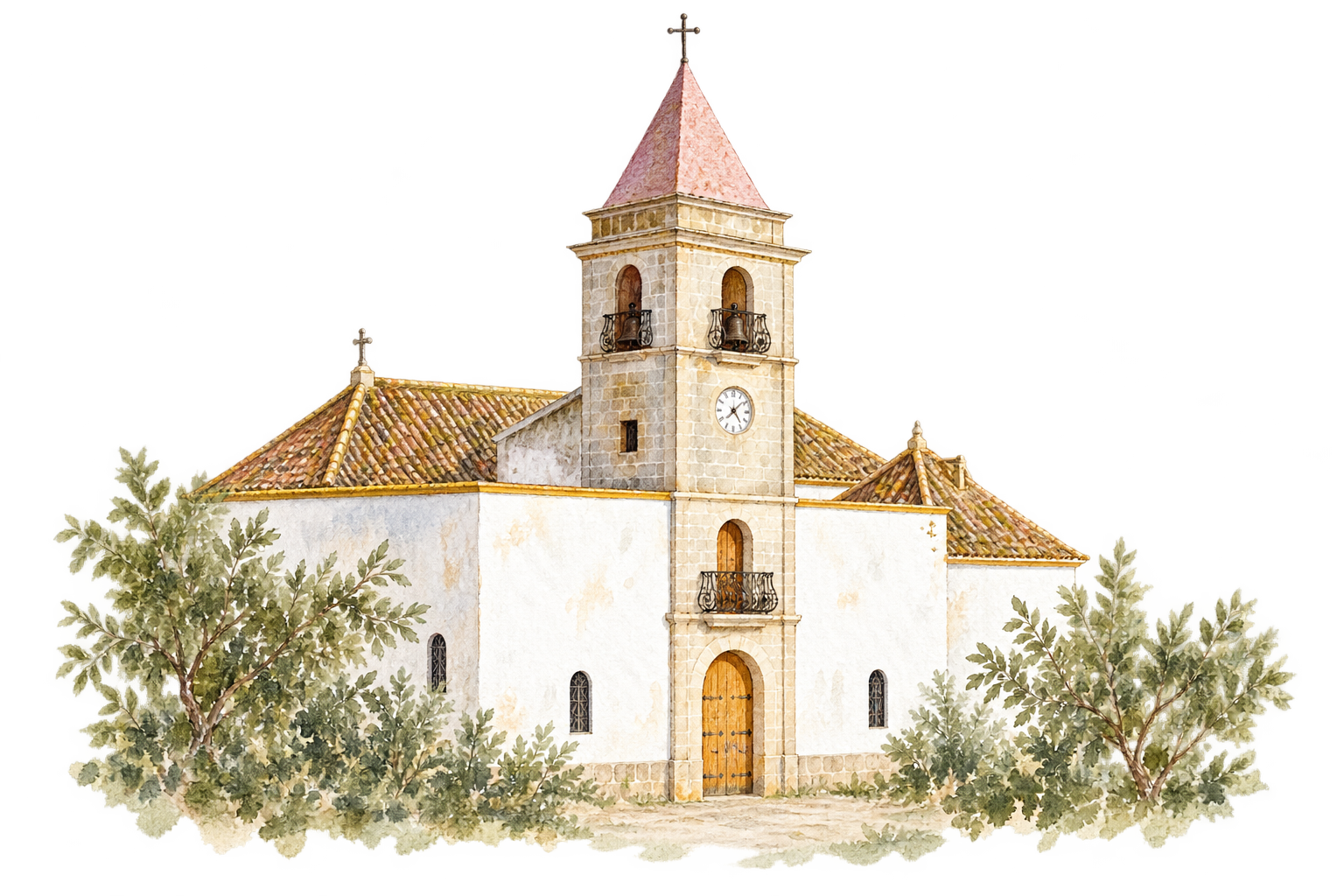 Acuarela de la iglesia de Nuestra Señora de la Inhiesta, con su campanario y tejado rosado