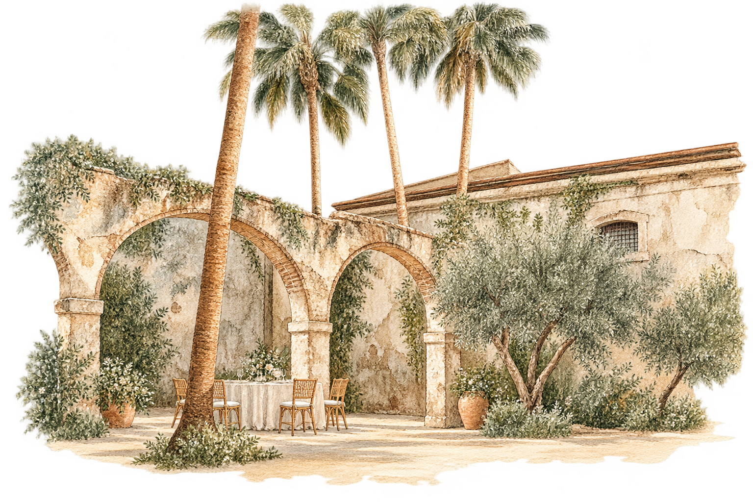 Acuarela del patio de Casa Cossío con sus arcos de piedra, palmeras y olivos