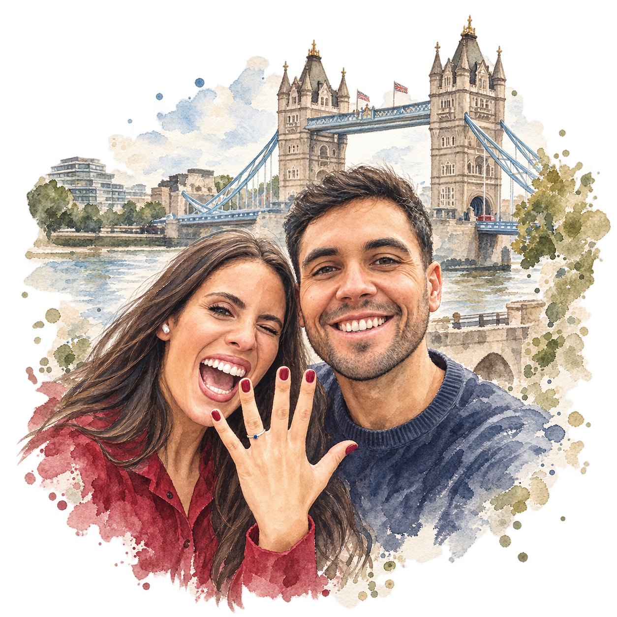 Recuerdo pintado en acuarela de Ana e Iñaki junto al Tower Bridge de Londres